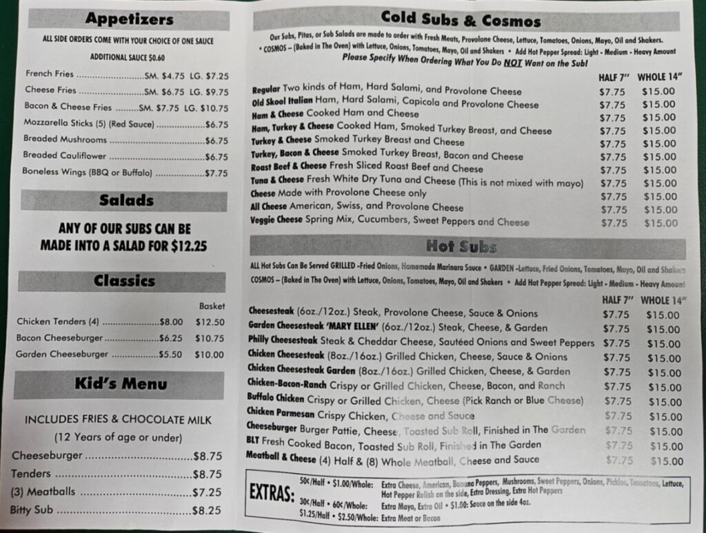 Danville Sub Shop Menu 1