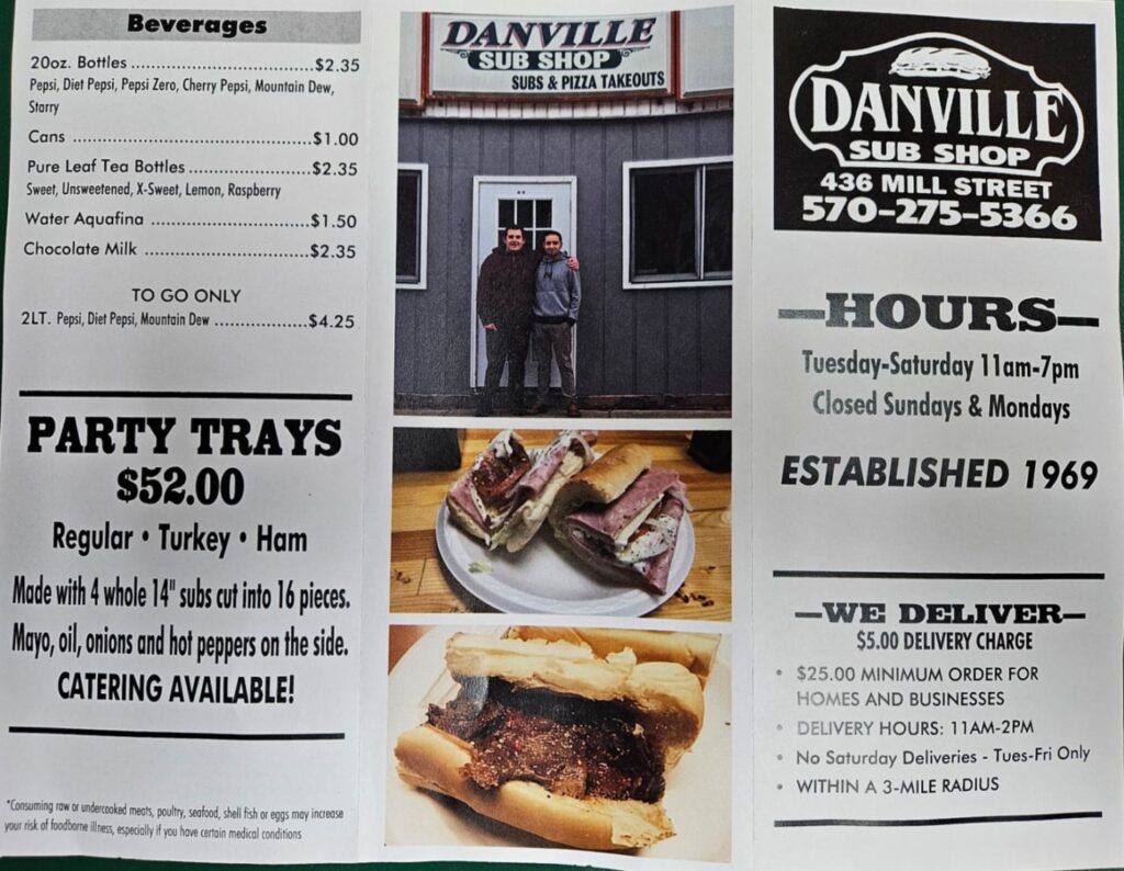 Danville Sub Shop Menu 2